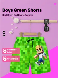 Boys' Summer Plaid Breathable Shorts, Casual Beachwear, Slim-Fitting Half-Length Pants, Pixel Character 3D Printed