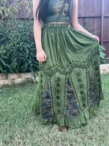 Vintage Style Bohemian Hippie Embroidered Skirt, Cottage core Fairy Vibe Flowly Long Maxi Skirt,Aesthetic Whimsical Design, Patchwork Skirt