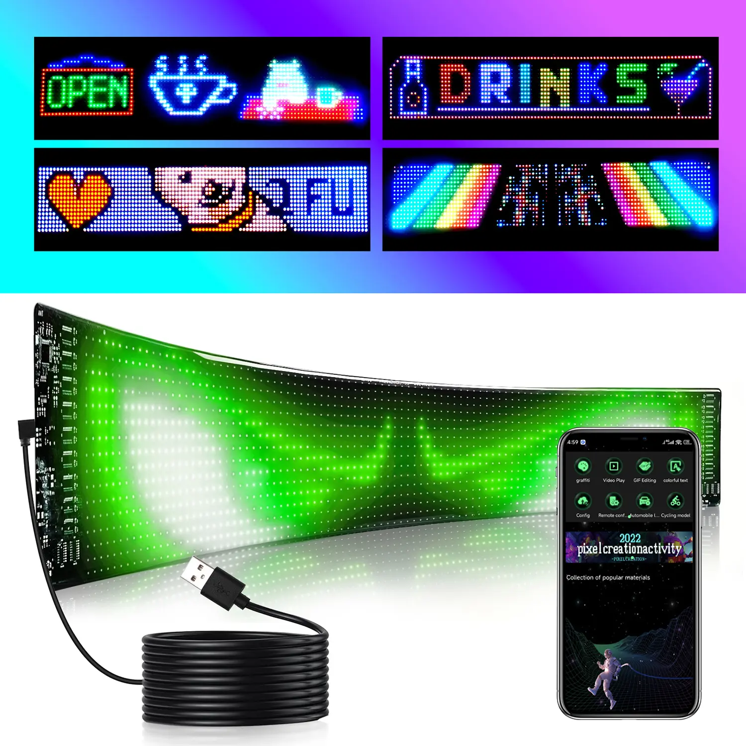Flexible LED Matrix Panel, 5V USB Powered (No Charger), Bluetooth Smart Control, High-Brightness Soft Screen, RGB Scrolling Text & Customizable Animation, Car Window, Party/Festival Decorative Light