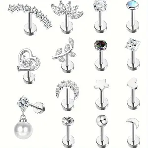 US-LUX - Florideco 1PC Stainless Steel Cartilage Stud Earrings for Women Opal Flat Back Earring Studs Lip Bar Nose Ear Piercing Jewellery