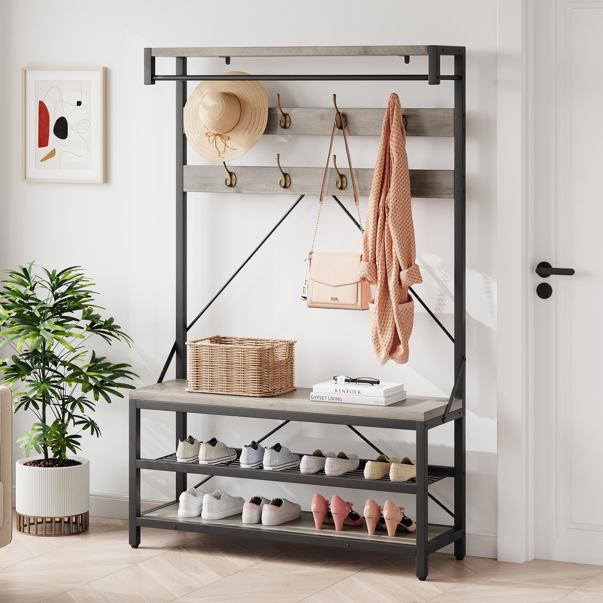 Industrial Hall Tree Coat Rack with 2-Tier Shoe Bench, 8 Hooks, Hanging Rod & Storage Shelf, Wood & Metal Entryway Organizer, Modern Farmhouse Accent Furniture for Hallway, Mudroom & Bedroom 39.9"x15.7"x72"