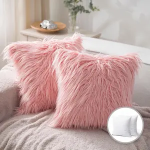 Luxury Mongolian Fluffy Faux Fur Series Square Decorative Throw Pillow Cusion for Couch, 20" x 20", Pink, 2 Pack,  for bed, couch, living room, car, and inside