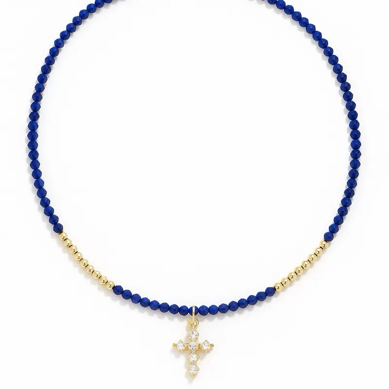 Women's Lapis Lazuli Beaded Cross Choker Necklace - Semiprecious Stone Casual Jewelry Accessory, Stylish Necklaces, Cross Necklace