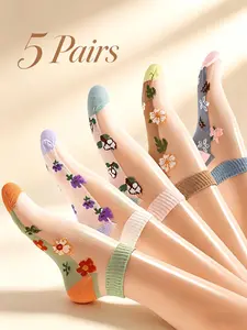 5 Pairs Summer Floral Glass Socks, Lightweight Breathable Flower Socks, Perfect Gift for Friends, Versatile Summer Wear Socks