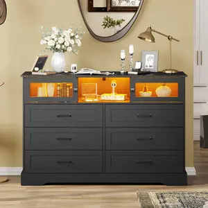 Sikaic LED Dresser with 6 Storage Drawers Black
