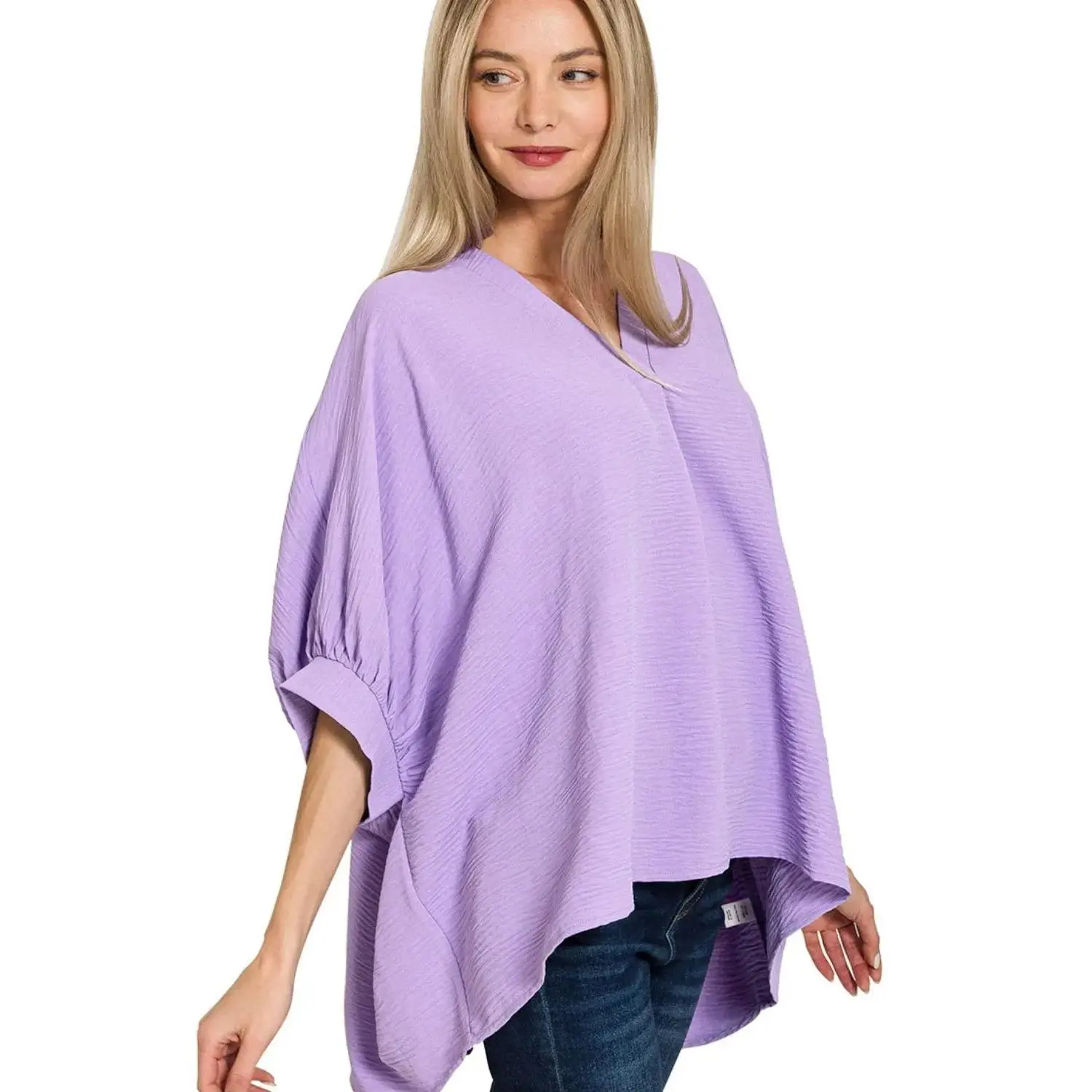 Zenana Woven Airflow V-neck Puff Half Sleeve Top