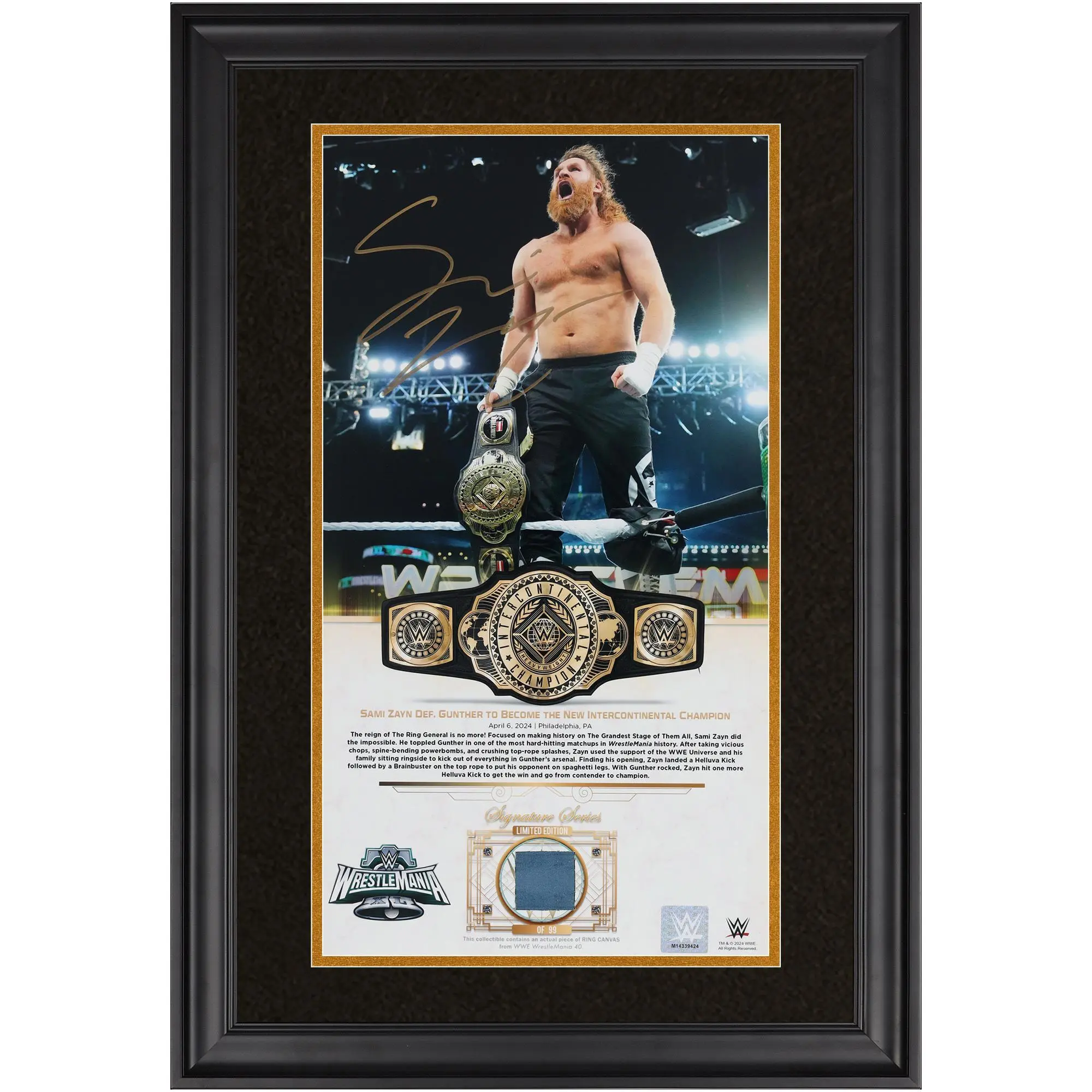 Sami Zayn WWE Framed Autographed 10" x 18" WrestleMania 40 Golden Moments Collage with a Piece of Match-Used Canvas from WrestleMania 40 - Limited Edition of 99 - Fanatics Authentic Certified