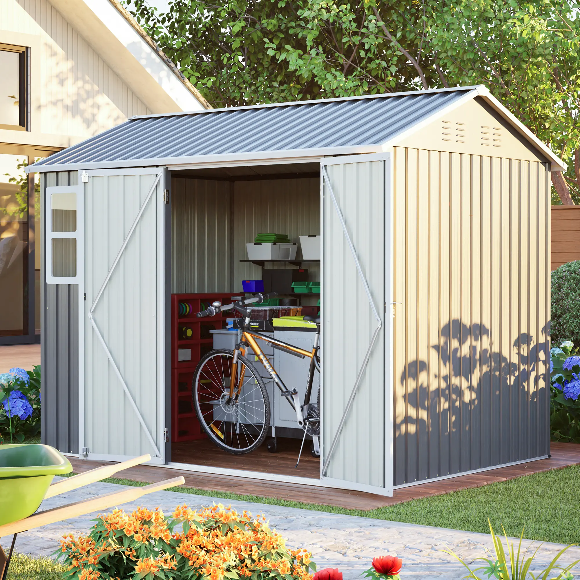 8ft x 6ft Heavy-Duty Metal Storage Shed - 8'x6' Size, Lockable Doors, Translucent Window, Sloped Roof, Waterproof, 2-Person Accessible, Assembly Required, Bright & Ventilated Outdoor Tool Shed for Gardens, Backyard