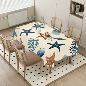 Ocean Starfish Shell Vacation Print Tablecloth, Easy Clean Kitchen Dining Room Decor, Modern Beach Theme Party Table Cover