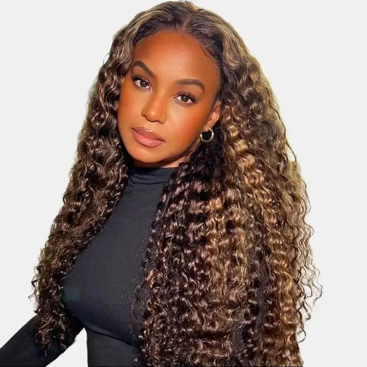 Women's 5x5 Glueless Human Hair Lace Front Wig, Highlight Ombre Deep Curly Texture, 150% High Density, Full and Voluminous, Natural Look Blend Deep Wave Lace Frontal Wig