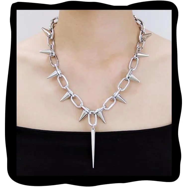 Silver Punk Spiked Chokers Necklaces Rivet Goth Necklaces Chokers with Spikes and Chain Streetwear jewelry Hard Rock Style Men Women Party Night Club Costume Accessories