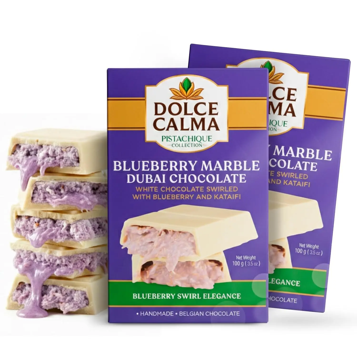 Dolce Calma Blueberry Dubai Chocolate Bar (100g/3.5oz) - Pack of 2, Authentic Handmade Belgian Chocolate with Turkish Pistachio, Crispy Kataifi Kunafa Filling, Caramel Bonbon, No Palm Oil, Ships with 1 Ice Gel Pack Each Snack Dessert