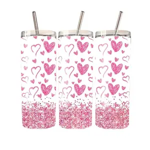 PINK HEARTS AND GLITTER Image 20oz Stainless Steel Tumbler - Ideal for Drinking and Gifting - Bottle, Drinkware Stylish Beverage Mug Cup