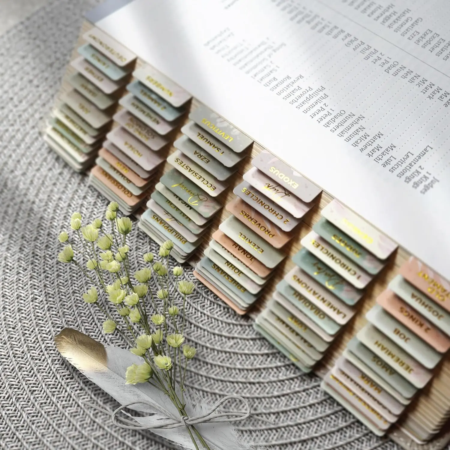 Floral Boho Bible Book Tabs – 100 Soft-Touch, Laminated Bible Tabs for KJV & Niv Bible – Durable Tabs for Bibles – Protestant & Catholic Bible Tabs Large Print – Pink Nlt Bible Tabs for Women & Men