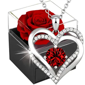 Mother's Day Gift Box with Roses and Heart Necklace, Perfect for Wife, Partner, Birthday, Party, Mother's Day Present, Double Heart Necklace