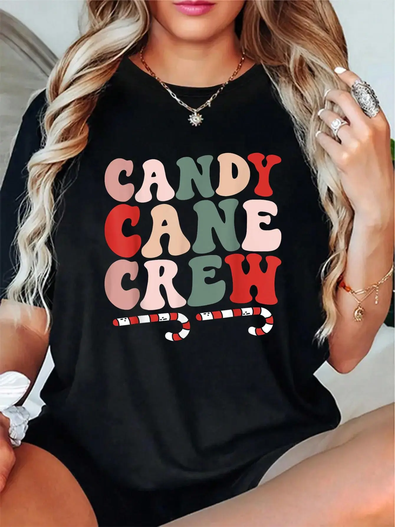 Women's Retro Groovy Christmas 100% Cotton Short-Sleeve Round-Neck Tee - Breathable Soft Fit Top with Cute 'Happy' Candy Cane & Snowflake Print for Everyday Wear, Style, T-Shirt, Casual, Vibe, Streetwear