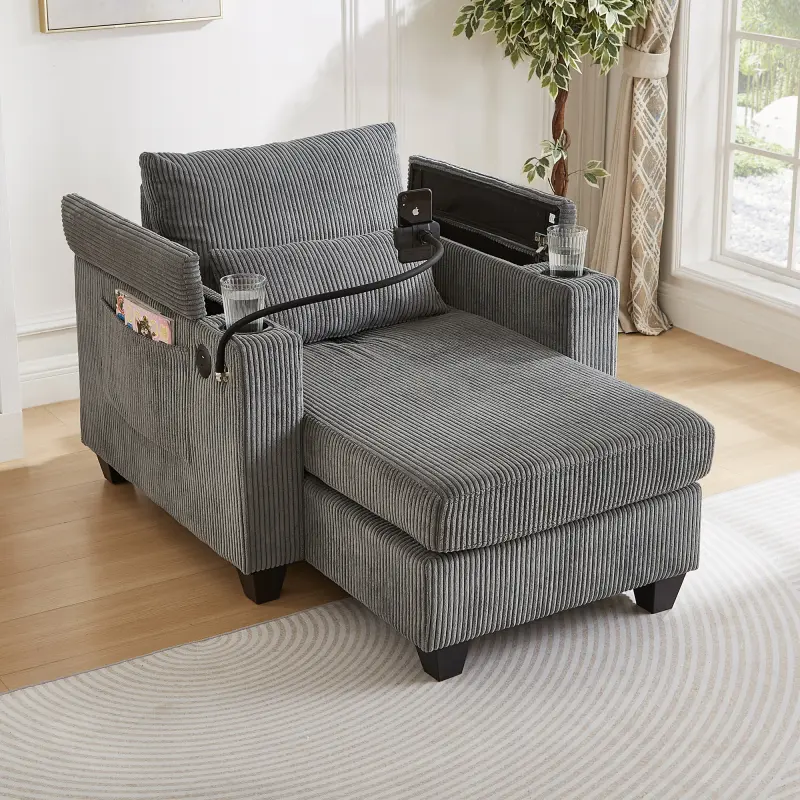 37.4" Convertible Chaise Lounge Convertible Lounger - Corduroy Upholstery Sleeper Sofa Bed, Recliner Chair with USB Ports, Phone & Cup Holders, Pillows for Living Room, Bedroom, Grey