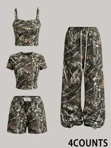 Camouflage four piece set - Fashion street style camisole vest and short sleeved top paired with camouflage high waisted wide leg shorts and pants, perfectly matching Y2K aesthetics, suitable for daily leisure and urban exploration # Diverse outfits