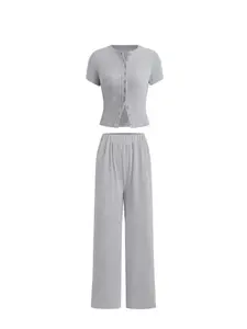 Two-piece women's grey round-neck button-down short-sleeved top and elastic-waist wide-leg pants, casual and versatile for any occasion.,Airport Outfit