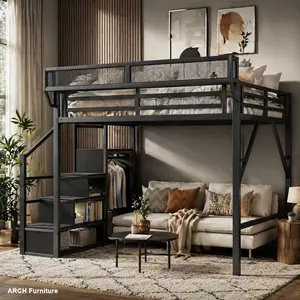 Metal Queen Size Loft Bed Frame with Stairs, Sturdy Metal Bed Frame, Storage Shelves, Wardrobe, High Loft Indoor Bedroom Furniture for Kids, Black (Old skuW2580S00038), Sturdy Bed Frame