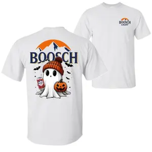 Boosch Light Apple Halloween Cute Boo Boo Ghost Pumpkin T-Shirt, Trendy Halloween Spooky Season 2 Sided Graphic Design Unisex Cotton T-shirt for Men