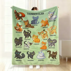 Warrior Cats Flannel Blanket - Ultra-Soft All 12 Clan Breeds (Thunder, Shadow, Wind, River, Star) with Iconic Cat Names & ThunderClan Logo - All-Season Bedspread & s, Book Fans Gift