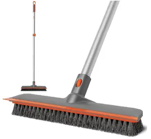 2-in-1 Deck Scrubber Brush with Long Handle, Soft & Hard Bristle Brush for Cleaning Concrete