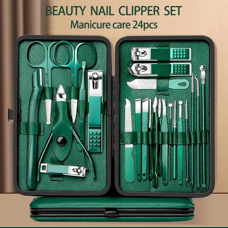 Green 7/13/24 pcs Stainless Steel Nail Cutter and Pedicure Scissors Set - Portable Manicure and Pedicure Tool Nail Clipper Set