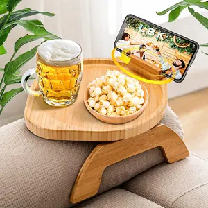 Bamboo Sofa Arm Tray Table with 360° Rotating Phone Holder, Clip-On Side Table for Eating, Drinks, Snacks, and Remote Control, Natural Bamboo, 11.8’D x 9.8’W x 1.7’H