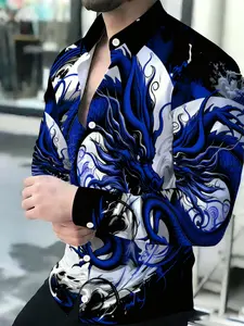 Men's Breathable Lapel Long-Sleeved Blue Dragon Print Cardigan