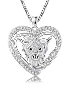 S925 Highland Cow Necklace with CZ Decorated Heart Shape Design Silver Pendant Necklace Jewelry Accessories Gift for Women for Men