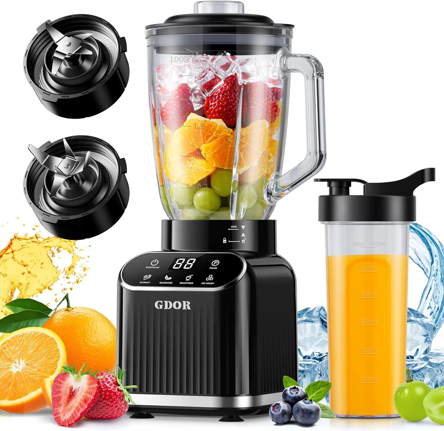 LICUADORA PARA BATIDOS, DE 1200W DE POTENCIA MÁXIMA PARA ENCIMERA DE COCINA CON RECIPIENTE DE VIDRIO DE 52 Oz Y COMBO DE TAZA PARA LLEVAR DE 24 Oz.