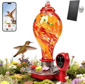 Hand-Blown Glass Smart Hummingbird Feeder with Camera, Solar Powered 2K HD Live View, AI Bird ID & Motion Alerts, Nectar Monitor, Leakproof, Water Moat, 2.4GHz Wi-Fi Hanging Gift for Outdoors (27oz)