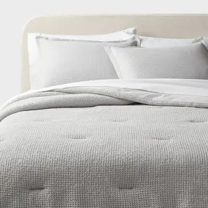 Full/Queen Trad Washed Waffle Weave Comforter and Sham Set Comfort Light Gray - Threshold