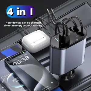 4 IN 1 Retractable Car Charger 2 USB Ports 4 in 1 Fast Charging 120W with 2.6ft Cable for iPhone 15 14 13 12 Pro Max Galaxy S23 80cm Retractable Cable 180-degree Angle Adjustment