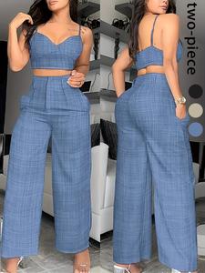 two-piece set women's solid color crop cami top & wide leg pants, minimalist casual fashion cozy spaghetti strap top & trousers for daily outdoor wear, ladies clothes for summer, womenswear