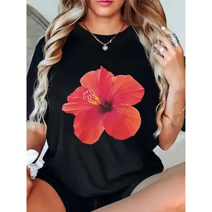 Women’s Black T - Shirt with Vibrant Red Hibiscus Flower Print, Casual Beach Vacation Summer Top for Ladies, Trendy Floral Graphic Tee for Daily & Holiday Outings 100% Cotton T-shirt