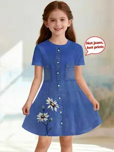 2026 Summer Bestselling Girls' Denim-Style 3D Print Short Sleeve Dress, Daisy Floral A-Line Casual Dress, Dresses With Pockets, Fashion, Graphic Print Dress
