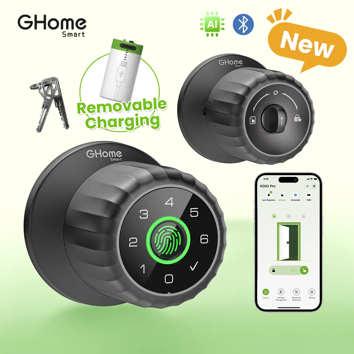 [New Arrival] GHome Smart 4-in-1 Keyless Entry Door Knob – Rechargeable Battery, Biometric Fingerprint, Keypad, App & Bluetooth Control, Removable Cha
