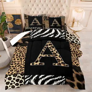 Wild Patchwork First Letter Print Comforter Set & 1-2 Pillowcases No Core, Leopard Print Letters A-Z, Zebra, Hair Texture Collage Pattern, Soft Warm Bedding, Wild Sexy Bedroom Decor, Ideal Gift Choice
