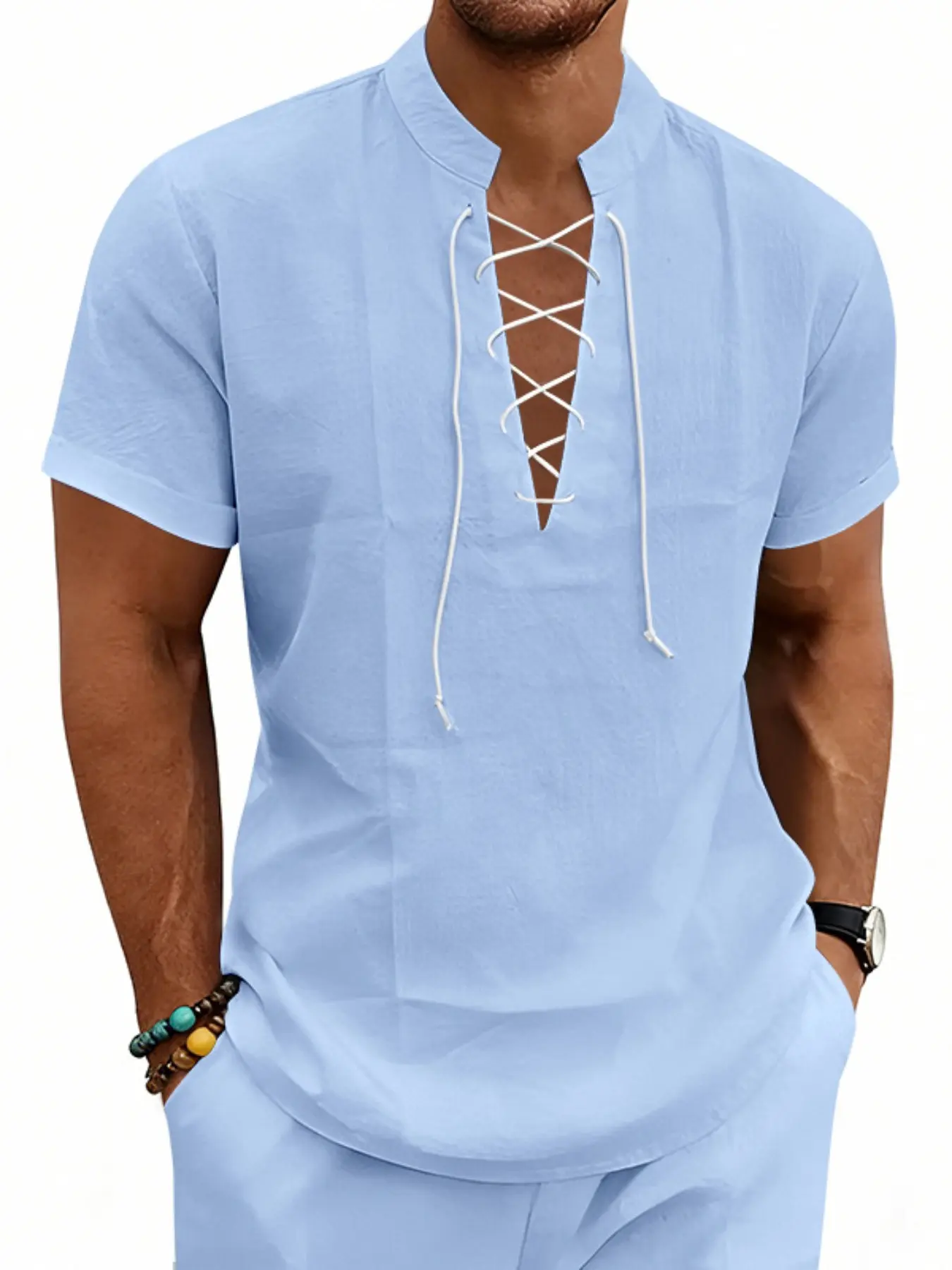 Men's Spring ＆ Summer Outfits Solid Color Linen Blend Short Sleeve Shirt, Casual Summer Tops, Lace-Up V-Neck, Stand Collar, Casual Tunic Top, Lightweight Breathable, Loose Fit for Beach, Vacation & Daily Wear, 7 Colors