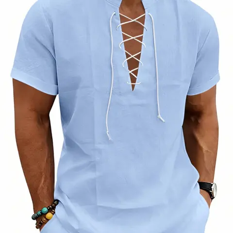 Men's Spring ＆ Summer Outfits Solid Color Linen Blend Short Sleeve Shirt, Casual Summer Tops, Lace-Up V-Neck, Stand Collar, Casual Tunic Top, Lightweight Breathable, Loose Fit for Beach, Vacation & Daily Wear, 7 Colors