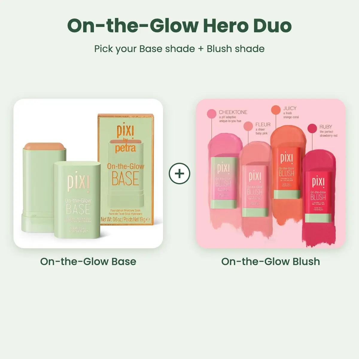 Pixi On-the-Glow Hero Duo - On-the-Glow Base Foundation Stick & On-the-Glow Blush Stick Set, Choose Your Shades