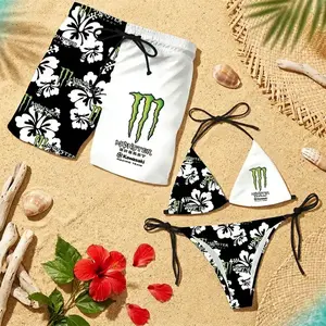 Matching Monster Floral Swimsuits for Couples - Women's Swim Bra & Tie-Side Thong Bikini, Men's Beach Shorts, Summer Vacation Hawaiian Swimwear