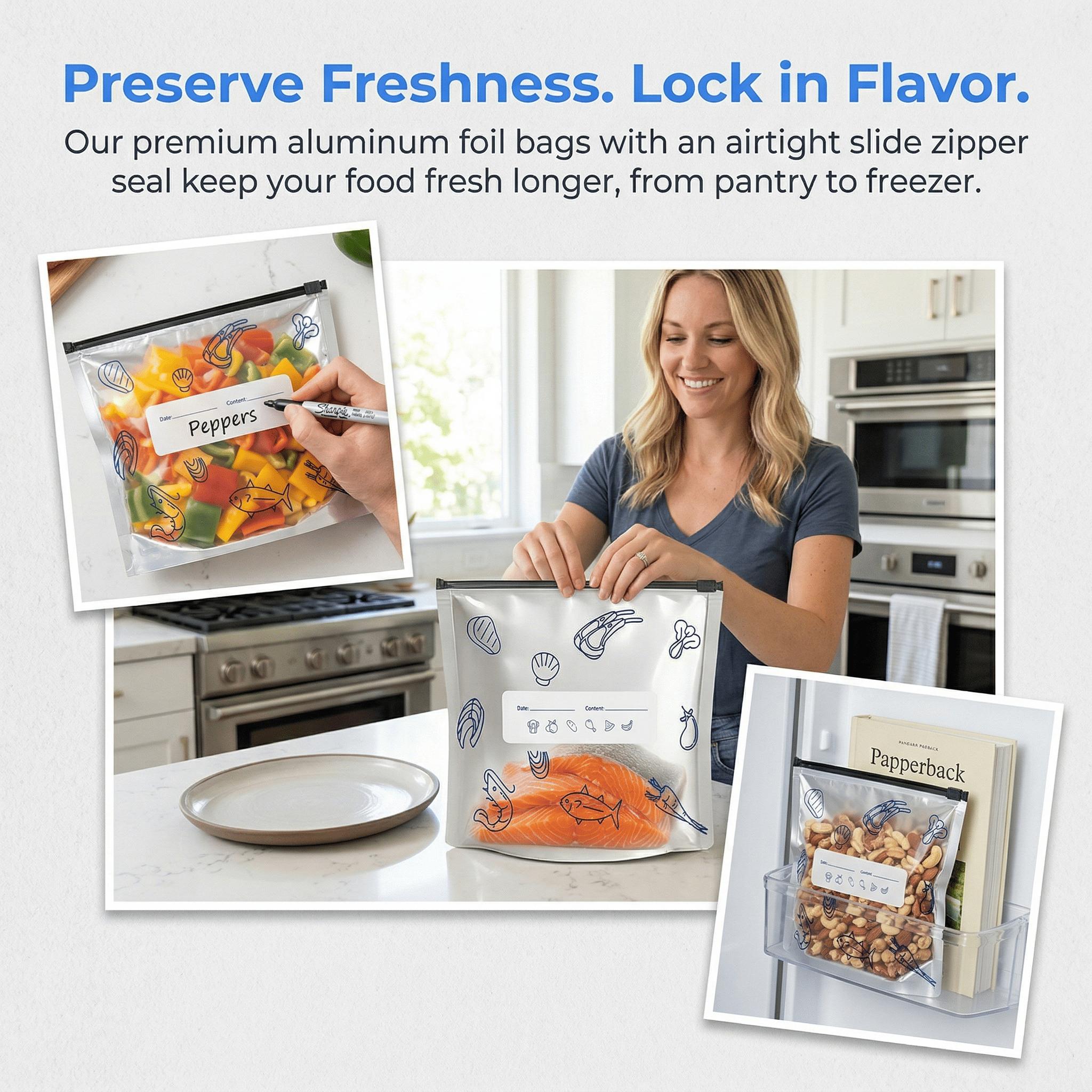 Aluminum Foil Reusable Freezer Bags, Food Grade Leak Proof Ziplock Food Storage Bags with Write-on Label, FCM Certified BPA Free Freezer Safe Bags for Meat Seafood Meal Prep Refrigerator Organization Picnic Travel