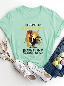 Women's Cartoon Rooster & Letter Print Round Neck Tee, Fashion Casual Short Sleeve Crew Neck T-shirt for Daily Outdoor Wear, Ladies Summer Clothes