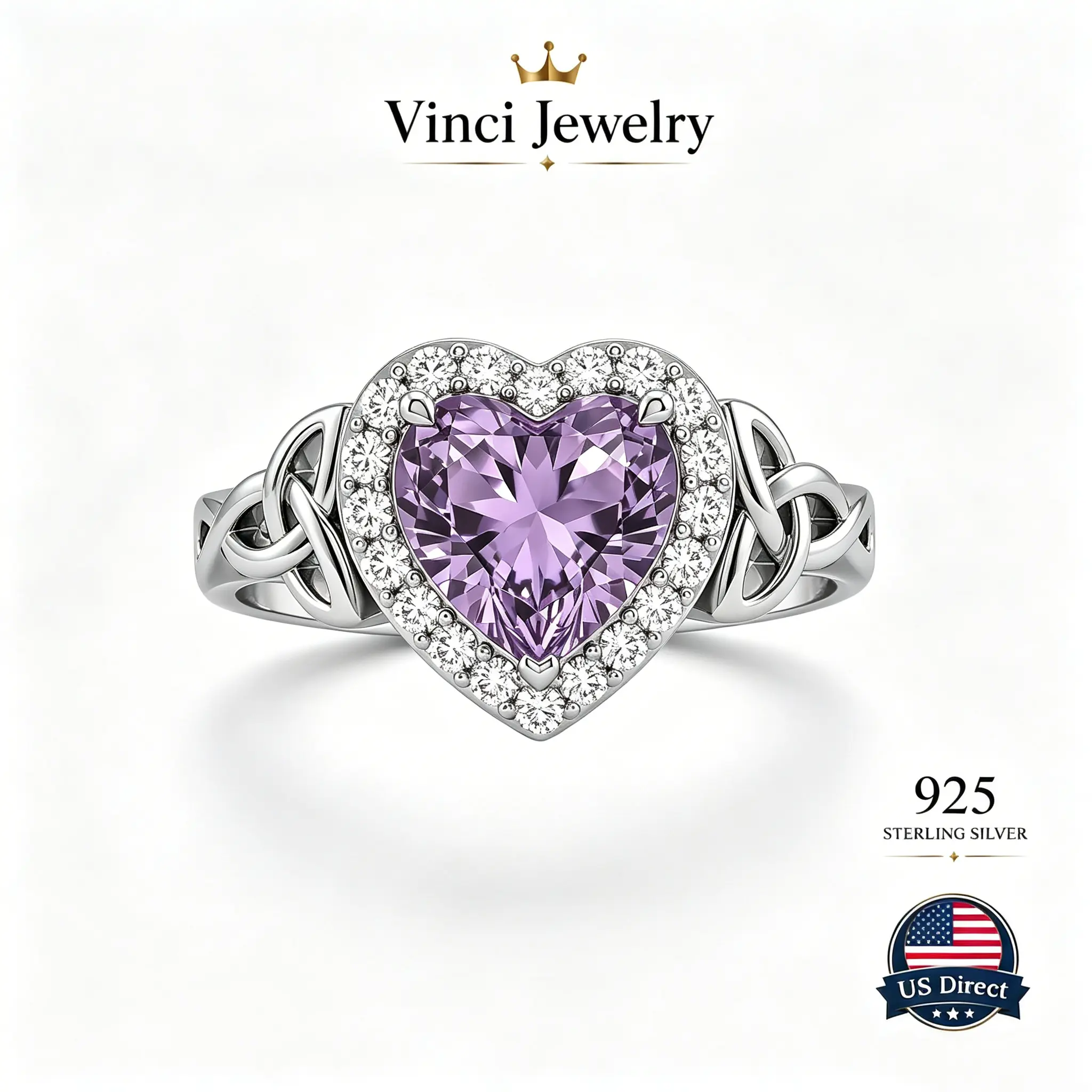 S925 Sterling Silver Purple Heart-Shaped Ring with Protection Celtic Knot，Simple Design for Women, Ideal for Birthdays, Valentine's Day, Birthdays Jewelry Promise Ring Gf Real Rings