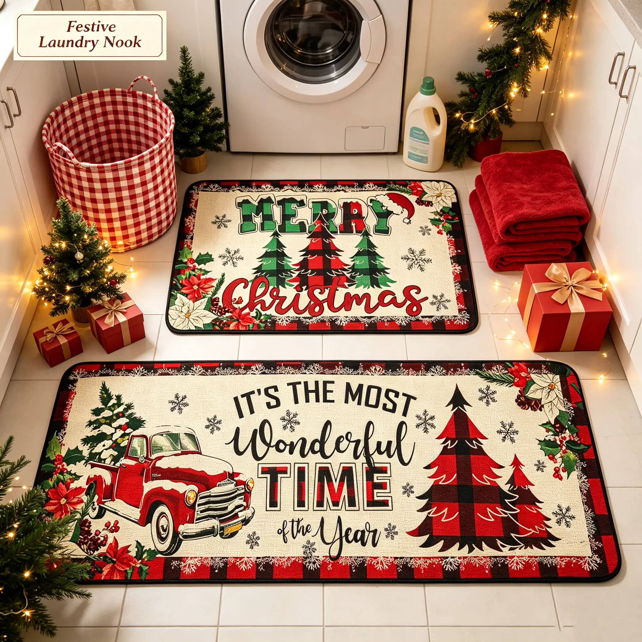 2-Piece Christmas Kitchen Rugs Set (16"x24"+16"x47") - Buffalo Plaid Vintage Red Truck Xmas Tree Design, Non-Slip Rubber Back Washable Floor Mats, Holiday Decor for Kitchen Sink, Laundry Room