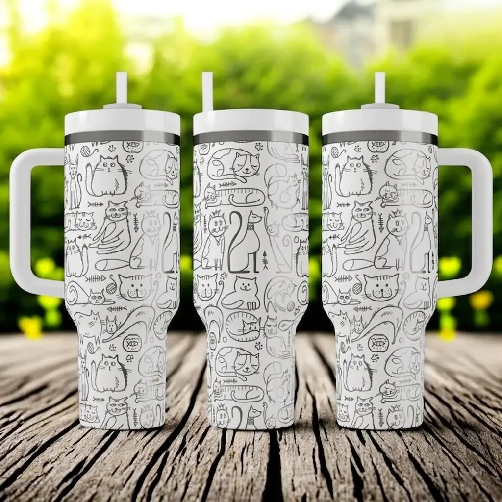 Cat Lover Stanley Tumbler – 40oz Engraved Cup with Cute Kitty Line Art, Flip Straw & Handle, Funny Gift for Feline Fans , Cat Moms