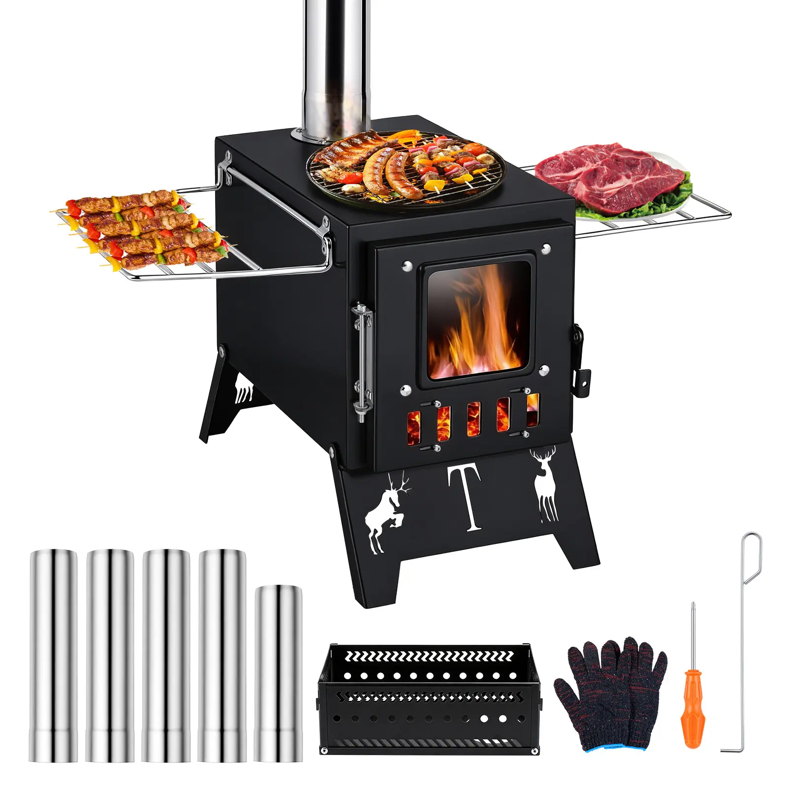 Explorinox Portable Wood Burning Stove with 5-Pipe System & Sauna Stone Basket 2 in 1 Foldable Design for Outdoor Camping Heating Cooking and Ice Fishing Carbon Steel Stainless Steel